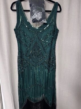 Daisy Emerald Beaded Fringe Midi Dress